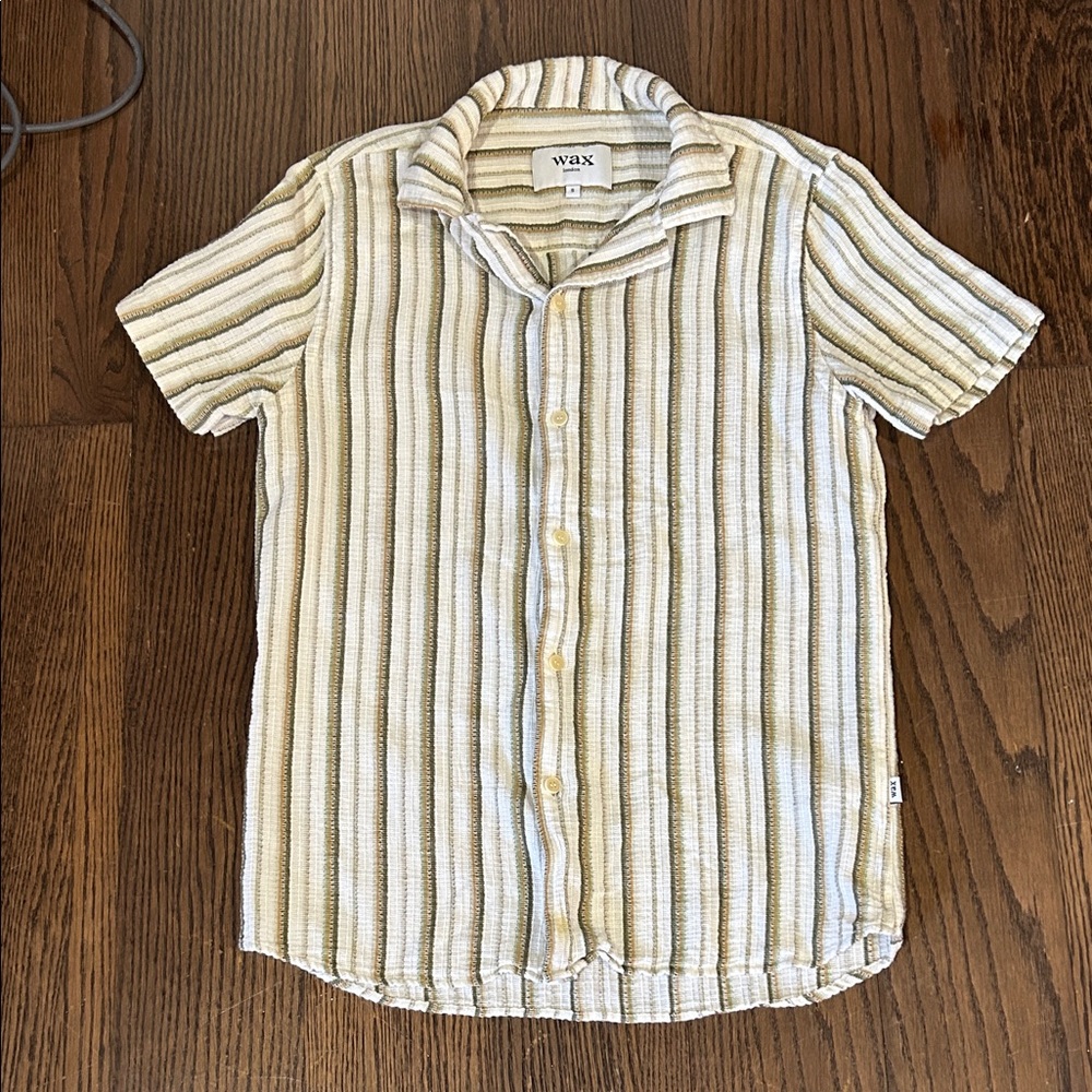 WAX Men's Short-Sleeve Striped Button-Down Shirt in Cream & Olive Sz S